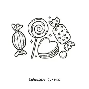 Desenho para colorir de um pirulito, um biscoito em formato de coracao e balas em volta