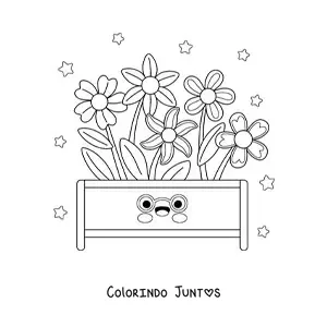 Desenho para colorir de flores grandes plantadas em um vaso kawaii