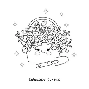 Desenho para colorir de cesta com flores kawaii ao lado de uma pa de jardinagem