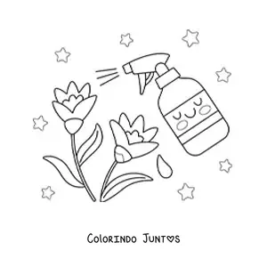 Desenho para colorir de borrifador kawaii regando umas flores