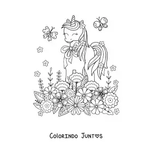 Desenho para colorir de unicornio kawaii com flores e borboletas