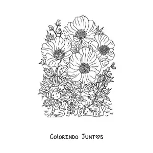 Desenho para colorir de papoulas com criancas kawaii