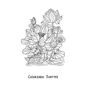 Desenho para colorir de flor de lotus com menina kawaii