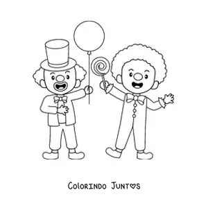 Desenho para colorir de dois palhacos com um pirulito e um balao