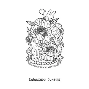 Desenho para colorir de bolo com flores com coelho e gato kawaii
