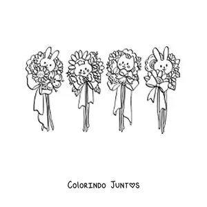 Desenho para colorir de flores com coelhos e gato kawaii