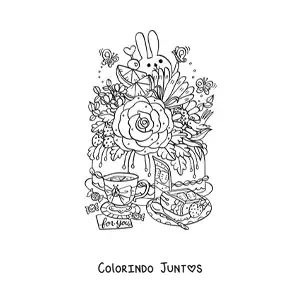 Desenho para colorir de bolo com flores e xicara de cha com coelho kawaii