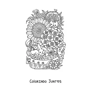 Desenho para colorir de cesta de frutas com flores com coelhos e gato kawaii