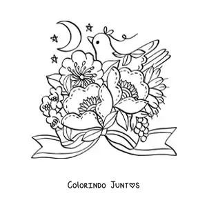 Desenho para colorir de flores lindas com pomba kawaii e a Lua
