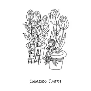 Desenho para colorir de tulipas e criancas kawaii