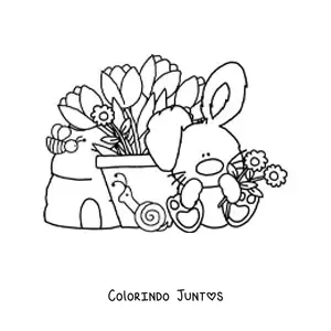 Desenho para colorir de coelho animado kawaii com tulipas e flores