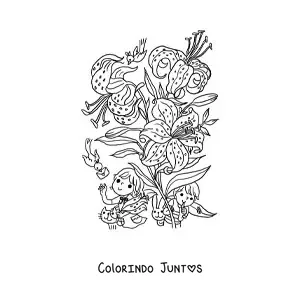 Desenho para colorir de lirios com criancas kawaii