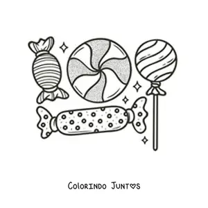 Desenho para colorir de um pirulito e balas embrulhadas
