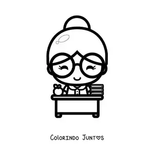 Desenho para colorir de professora kawaii em sua mesa com uma maca