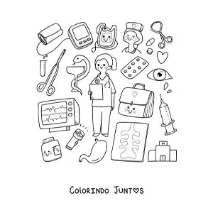 Desenho para colorir de doutora kawaii com coisas animadas