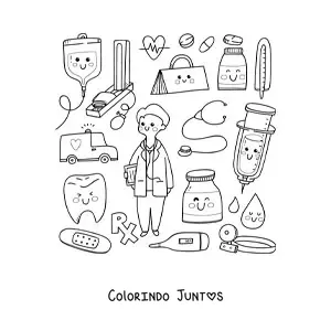 Desenho para colorir de doutor kawaii com coisas animadas