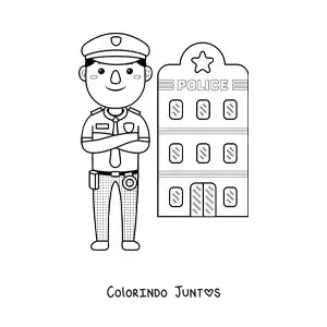 Desenho para colorir de policial kawaii em frente a delegacia
