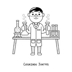 Desenho para colorir de cientista kawaii em seu laboratorio