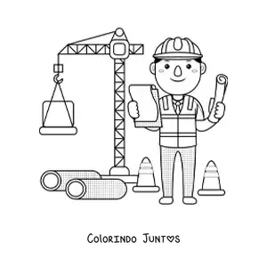 Desenho para colorir de engenheiro civil kawaii ao lado de um guindaste na construcao