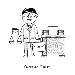 Desenho para colorir de advogado kawaii com balanca e maleta em seu escritorio