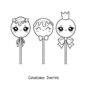Desenho para colorir de tres pirulitos kawaii com lacos e uma coroa