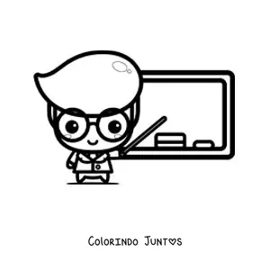 Desenho para colorir de professor kawaii dando aula em frente ao quadro-negro
