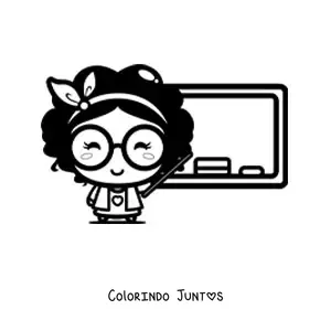 Desenho para colorir de professora kawaii dando aula em frente ao quadro-negro