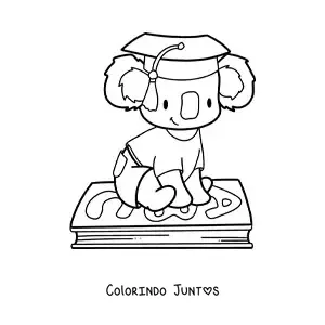 Desenho para colorir de coala kawaii animado com capelo sentado em um livro