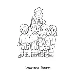 Desenho para colorir de professor e alunos do ensino fundamental