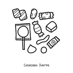 Desenho para colorir de varios pirulitos e balas embrulhadas