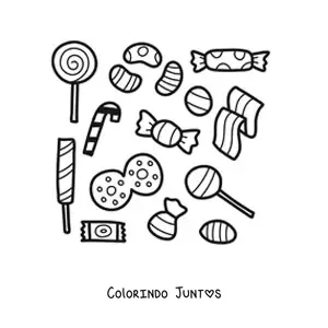 Desenho para colorir de varios pirulitos e balas embrulhadas