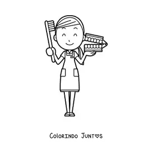 Desenho para colorir de mulher dentista animada com dentadura e escova