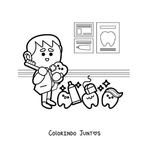 Desenho para colorir de dentista e dentes kawaii promovendo a higiene bucal