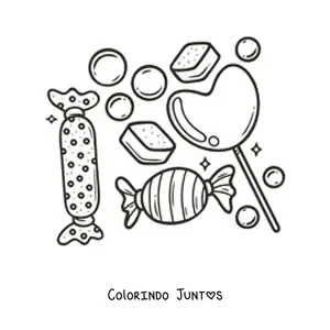 Desenho para colorir de um pirulito em formato de coracao, biscoitos e balas
