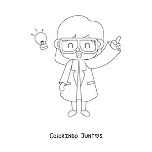 Desenho para colorir de mulher cientista kawaii tendo uma ideia