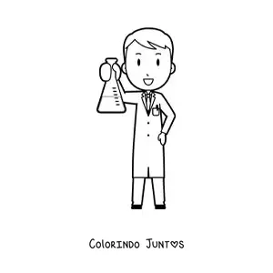 Desenho para colorir de cientista animado com frasco erlenmeyer
