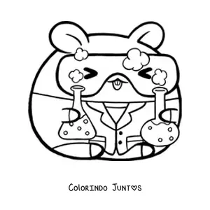 Desenho para colorir de hamster cientista kawaii animado com quimicos e oculos de seguranca