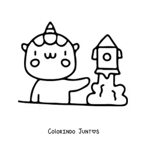 Desenho para colorir de unicornio kawaii estudando um foguete