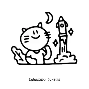 Desenho para colorir de gato kawaii estudando um foguete