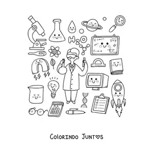 Desenho para colorir de homem cientista com coisas kawaii animadas