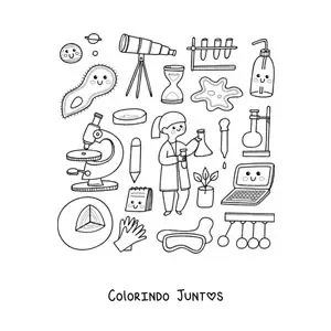 Desenho para colorir de mulher cientista com coisas kawaii animadas