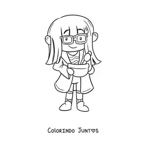 Desenho para colorir de mulher cientista kawaii preparando uma solução