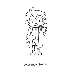 Desenho para colorir de homem cientista kawaii com uma lupa