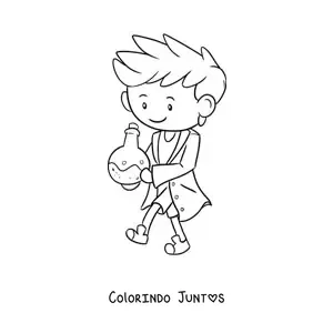Desenho para colorir de homem cientista kawaii com um químico
