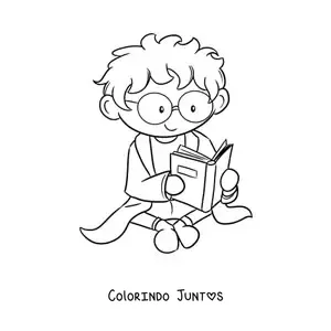 Desenho para colorir de cientista kawaii sentado lendo um livro de ciências
