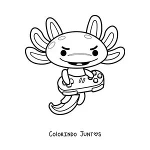Desenho para colorir de axolote kawaii animado jogando videogame