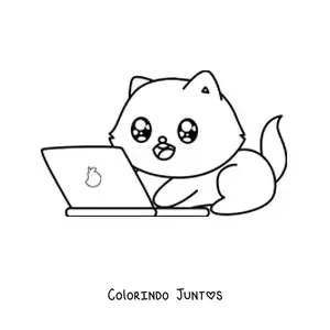Desenho para colorir de gato kawaii usando um notebook