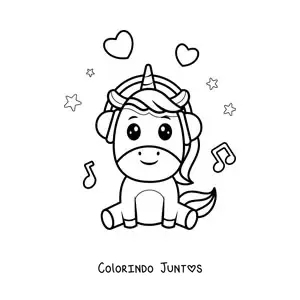 Desenho para colorir de unicórnio kawaii sentado ouvindo música com fones de ouvido