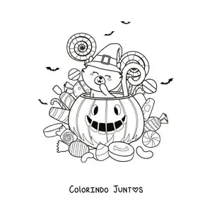 Desenho para colorir de um gato dentro de uma abobora de halloween com pirulitos e balas