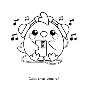 Desenho para colorir de pintinho kawaii ouvindo música no celular